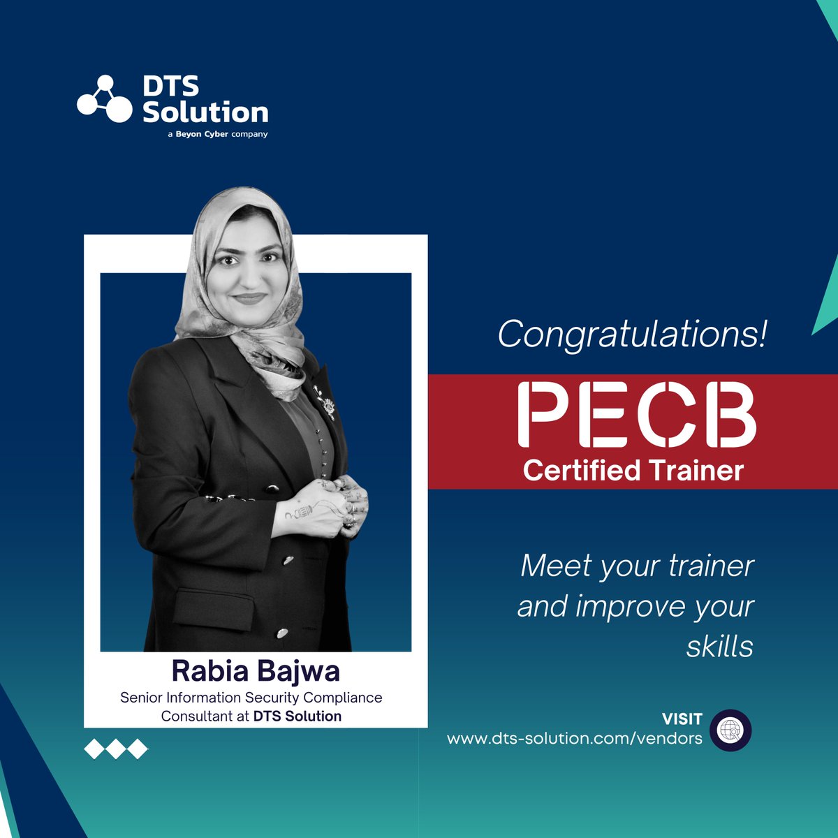 👏 We’re proud to celebrate a new milestone with our very own Rabia Bajwa, who is now a certified <a href="/PECB/">PECB</a> Trainer!

➡ Discover our ecosystem of trusted vendors and certifying bodies in our bio.
__
#DTSSolution #PECBTrainer