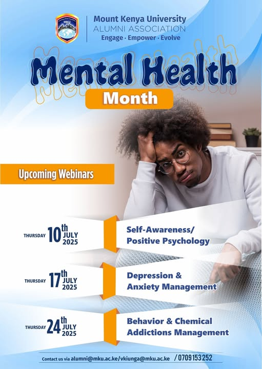 MountKenyaUni's tweet image. Mental Health:
This Month of JULY we will be having MENTAL HEALTH WEBINARS.
GREAT TOPICS, AMAZING SPEAKERS, AWESOME SESSIONS FOR ALL OF US.
REGISTER to attend the webinars by clicking this link forms.office.com/r/a0zrNDKu4q
#mentalhealthmatters
#engageempowerevolve
#AlumniWebinars
