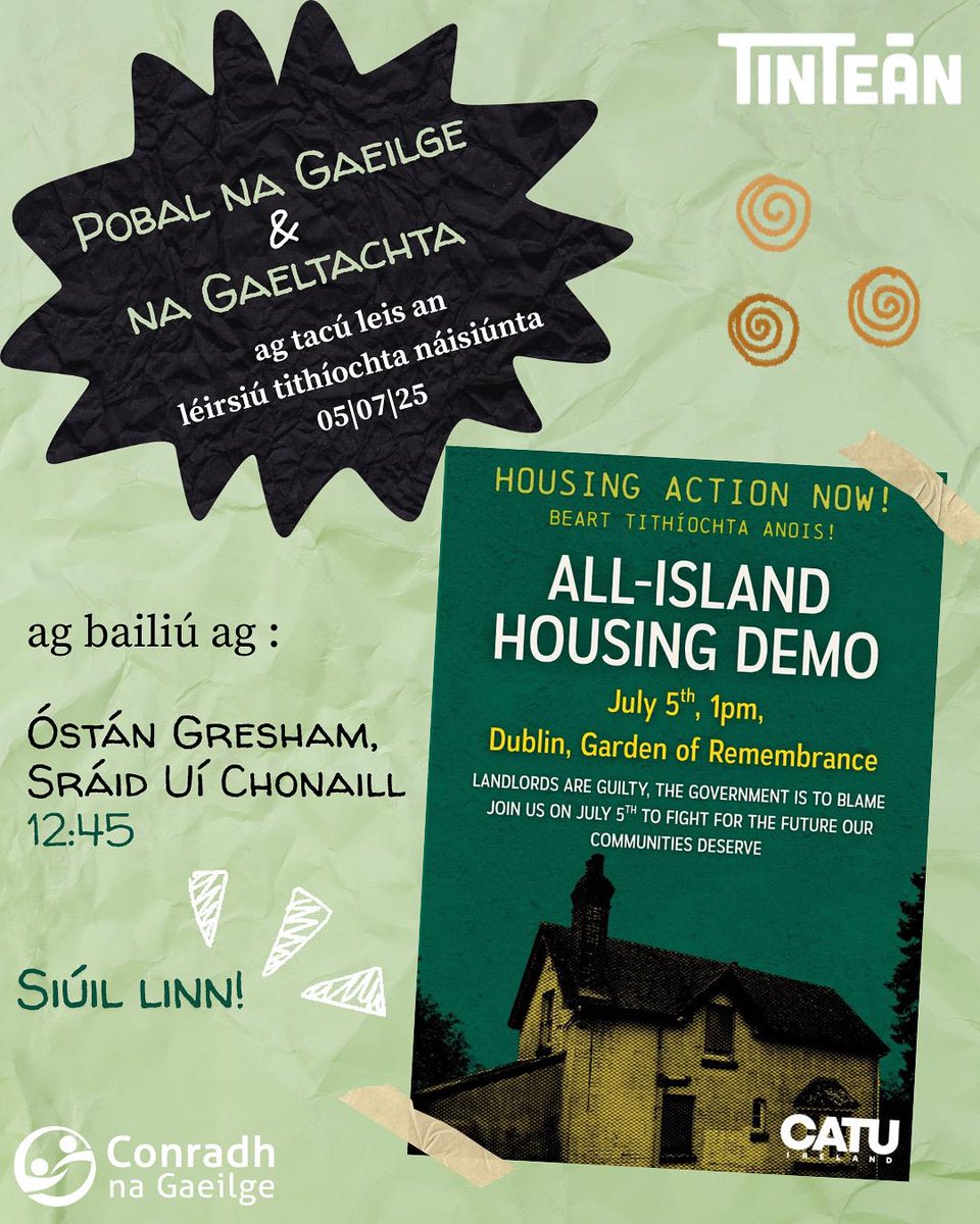 Ciaran Tierney (@ciarantierney) on Twitter photo Beidh muintir na Gaeltachta ag máirseáil le chéile ag an Léiriú Náisiúnta Tithíochta i mBaile Átha Cliath ar an Satharn beag seo.
Ag bailiú le chéile ag: Gresham Hotel, O'Connell Street (12:45pm)
#HousingCrisis
<a href="/CatuIreland/">CATU Ireland</a> Beidh muintir na Gaeltachta ag máirseáil le chéile ag an Léiriú Náisiúnta Tithíochta i mBaile Átha Cliath ar an Satharn beag seo.
Ag bailiú le chéile ag: Gresham Hotel, O'Connell Street (12:45pm)
#HousingCrisis
<a href="/CatuIreland/">CATU Ireland</a>