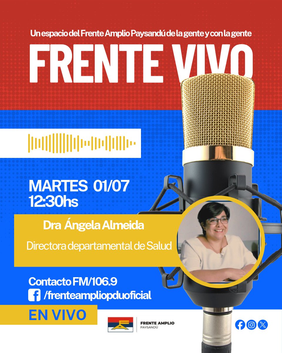 Nos encontramos como todos los martes por FM Contacto y nuestra página oficial del Frente Amplio Paysandú.#frenteampliopduoficial
Hoy con la directora departamental de Salud, Dra Ángela Almeida.