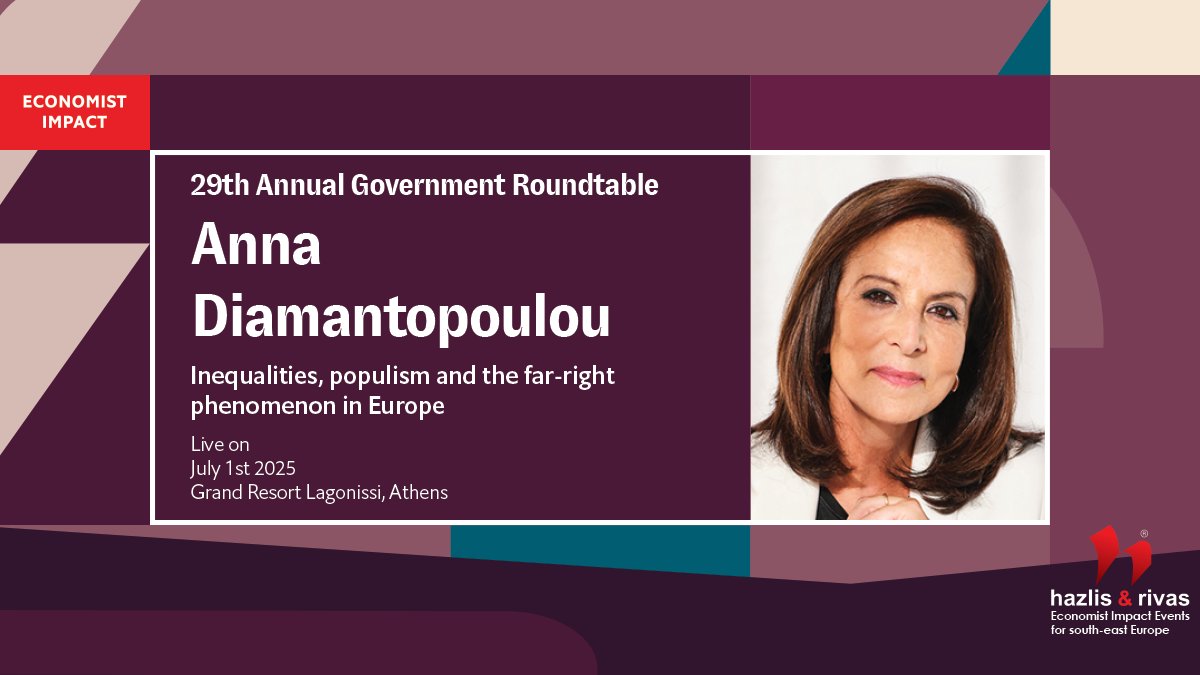 Η Άννα Διαμαντοπούλου θα συμμετάσχει στην 29η Συζήτηση Στρογγυλής Τραπέζης με την Ελληνική Κυβέρνηση που διοργανώνει ο Economist με θέμα «Ανισότητες, λαϊκισμός και το φαινόμενο της ακροδεξιάς στην Ευρώπη».

Στο πάνελ συμμετέχουν:

Martin Schulz, πρώην πρόεδρος του Ευρωπαϊκού
