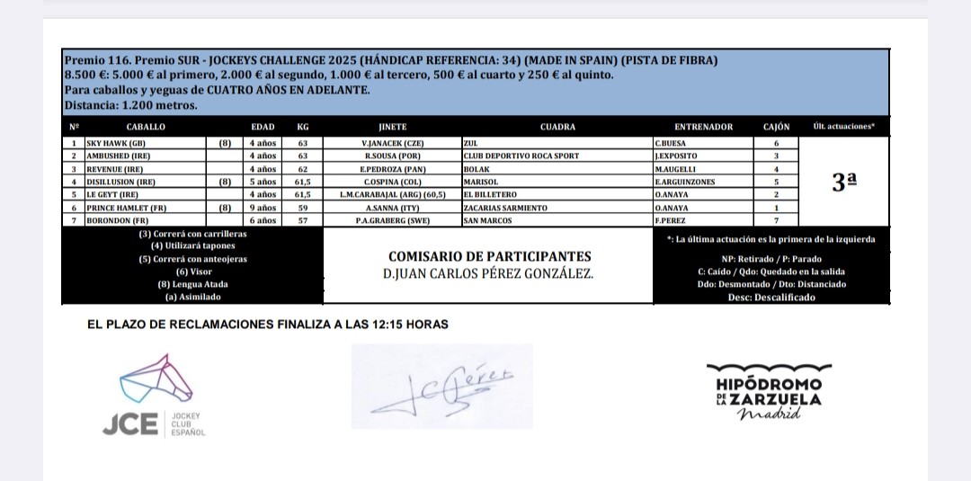 Partant de Borondon (Cuadra San Marcos) el jueves dia 03/07 en el <a href="/HipodromoMadrid/">Hipódromo de La Zarzuela</a> en la 3ªcarrera Jockeys Challenge 2025 con la monta del sueco <a href="/PaGraberg/">Per-Anders Gråberg</a> .
Vamos equipo!!💪🏇
