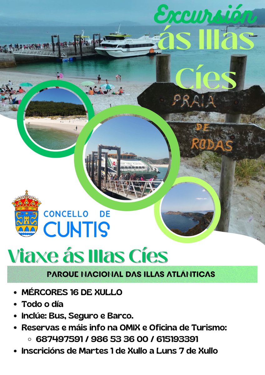 Non te quedes sen a túa praza para o paraíso! 🤩🏖️

Dende o Concello de Cuntis, convidámoste a vivir unha experiencia inesquecible coa  excursión ás Illas Cíes, un auténtico Parque Nacional das Illas Atlánticas!

🗓️ Cando? Mércores 16 de xullo 

⏰ Modalidade: Todo o día