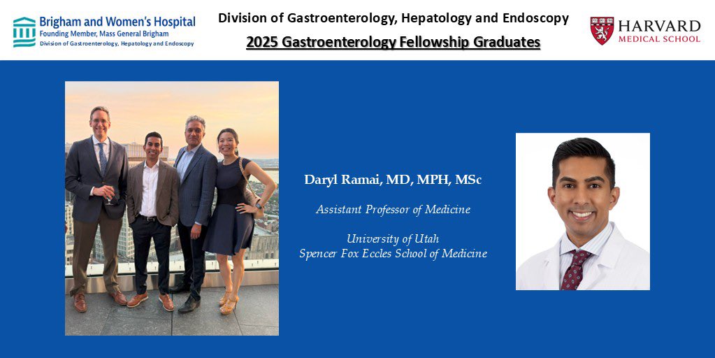 Brigham and Women's GI (@brighamgi) on Twitter photo Congratulations to our 2025 Advanced Endoscopy graduate <a href="/DarylRamai/">Daryl Ramai, MD, MPH, MSc.</a> 🎉🍾
Thank you for your dedication, friendship & teaching for our #BrighamGIFellows
Look forward to all your successes as you enter the next phase of your academic career🌟🎓
#BrighamGIAlum #BrighamAdvEndoAlum Congratulations to our 2025 Advanced Endoscopy graduate <a href="/DarylRamai/">Daryl Ramai, MD, MPH, MSc.</a> 🎉🍾
Thank you for your dedication, friendship & teaching for our #BrighamGIFellows
Look forward to all your successes as you enter the next phase of your academic career🌟🎓
#BrighamGIAlum #BrighamAdvEndoAlum