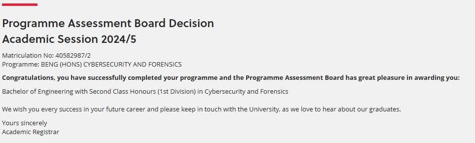 CllrRBennett's tweet image. Not Councillor related, but I am pleased to say that I have achieved a Bachelor of Engineering with Honours (2:1) in Cybersecurity and Forensics! :)