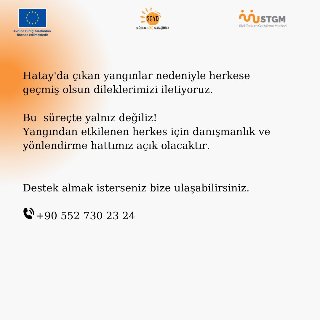 Hatay’da çıkan yangınlar nedeniyle herkese geçmiş olsun dileklerimizi iletiyoruz.

Bu süreçte yalnız değiliz!
Yangından etkilenen herkes için danışmanlık ve yönlendirme hattımız açık olacaktır.

Destek almak isterseniz bize ulaşabilirsiniz.
+90 552 730 23 24