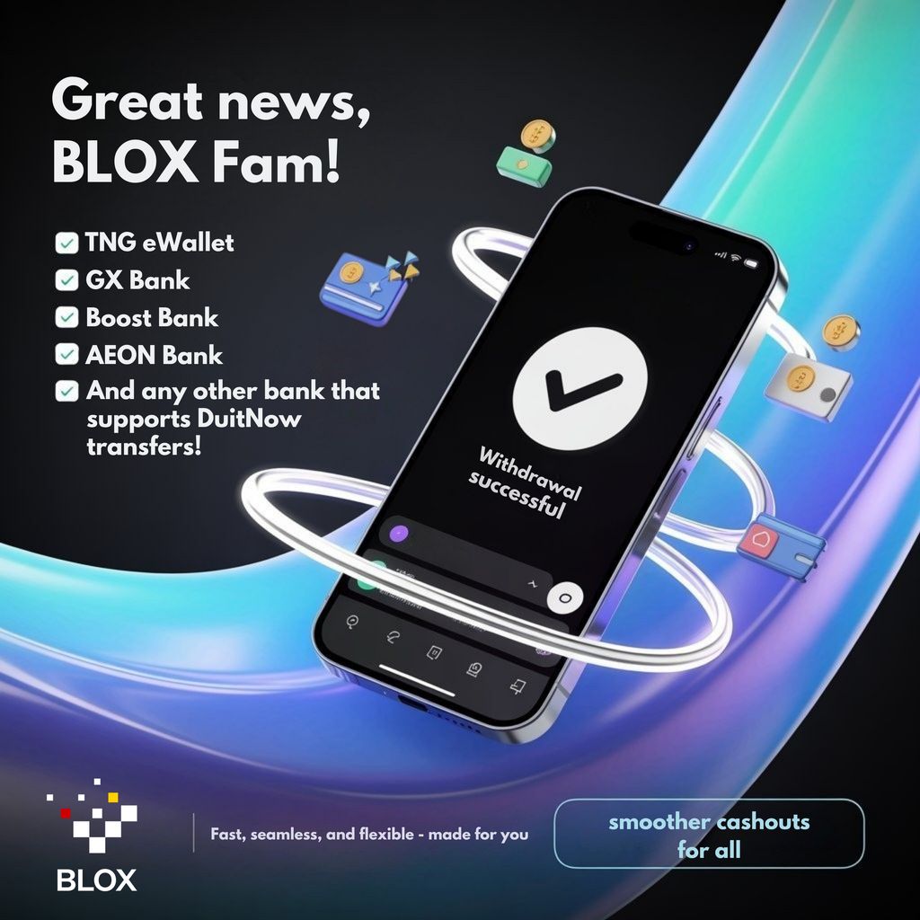 🚨Great news, BLOX fam!🚨
We’re excited to announce that we now support even more banks for $MYRC fiat withdrawals! 💸✨  

You can now withdraw your funds to: 
✅ TNG eWallet 
✅ GX Bank 
✅ Boost Bank 
✅ AEON Bank 
✅ And any other bank that supports DuitNow transfers!

Fast,