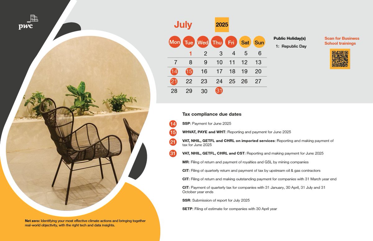 Stay on top of your tax deadlines with PwC’s Tax Calendar reminders, avoid penalties and stay compliant. Mark the key dates for July and plan ahead. 

Stay prepared with PwC Ghana.

#PwCCalendar #TaxCompliance #PwCTax #Deadlines