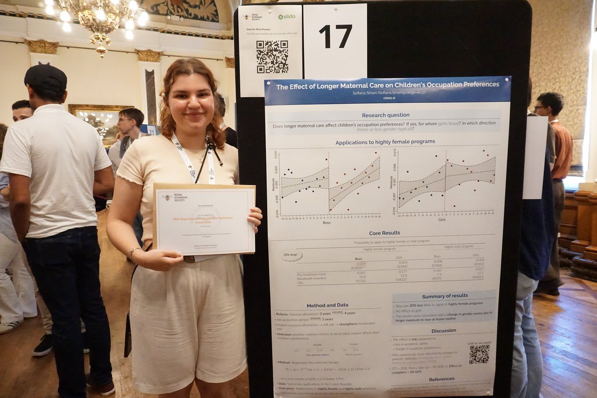 RoyalEconSoc's tweet image. 🎉 Congrats to @SofianaSinani (CERGE-EI) for winning Best Poster Prize at #RES2025!

Thanks to all who joined the evening reception — great posters &amp;amp; networking.

We&apos;re excited kick off Day 2 of the #RESConference!

 #Economics #RESEvents #EconTwitter