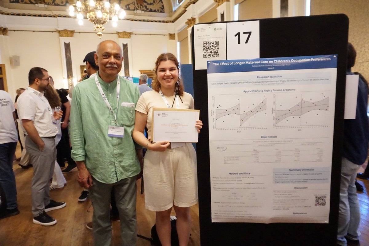 RoyalEconSoc's tweet image. 🎉 Congrats to @SofianaSinani (CERGE-EI) for winning Best Poster Prize at #RES2025!

Thanks to all who joined the evening reception — great posters &amp;amp; networking.

We&apos;re excited kick off Day 2 of the #RESConference!

 #Economics #RESEvents #EconTwitter