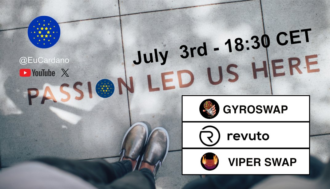 1/🧵  SaveTheDate &amp; Repost! The next EU Fireside Chat is this Thursday, July 3rd, 18:30 CET 🔥

Learn more about these projects utilizing <a href="/Cardano/">Cardano Community</a> &amp; $ADA ♥️

<a href="/GyrosCoinAda/">GYROS</a> Cardano’s first Charity Launchpad-Aggregator,  
<a href="/get_revuto/">Revuto</a> Block, Snooze, or Approve any subscription,