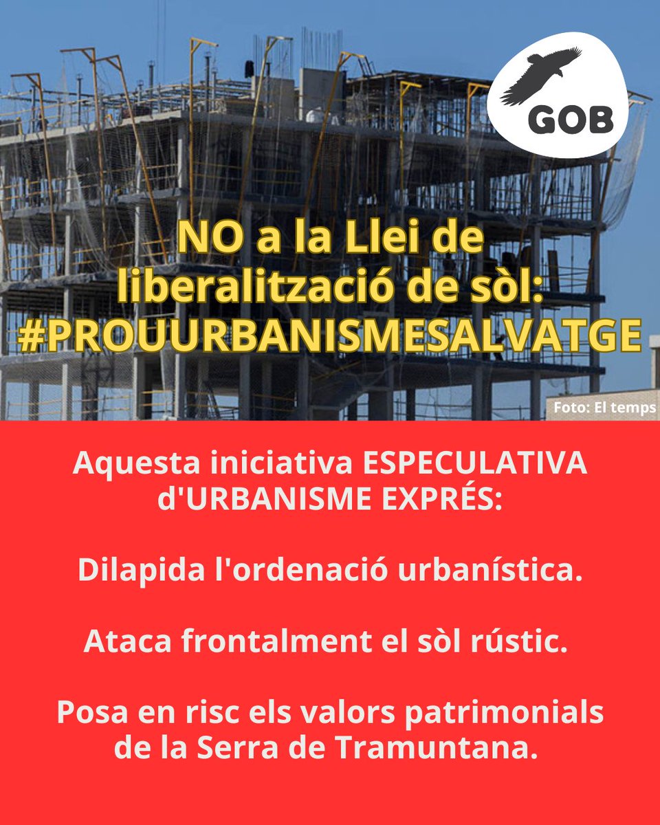 ❌NO a la Llei de liberalització de sòl: una BOMBA URBANÍSTICA que romp l’equilibri entre població i recursos, destrueix territori i ignora la capacitat de càrrega de les illes. #PROUURBANISMESALVATGE!
Aturem aquest despropòsit:gobmallorca.com/2025/07/01/no-…
Atents a les nostres xarxes!