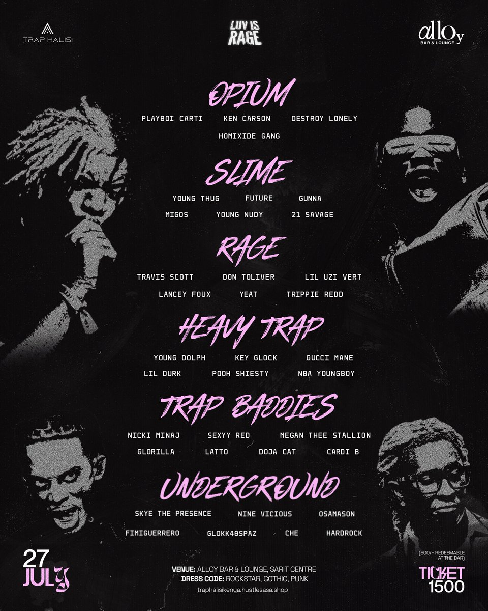 bobby_hatib's tweet image. Y'all ready for the ultimate trap party?🫣
Curated 6 sets to keep you raging all night🔥
🗓 Date: 27th July
📍Venue: Alloy Bar & Lounge, Sarit Centre
🎟 Tickets: Ksh.1,500 (Ksh.500 redeemable at the bar)
Ticket link: traphalisikenya.hustlesasa.shop