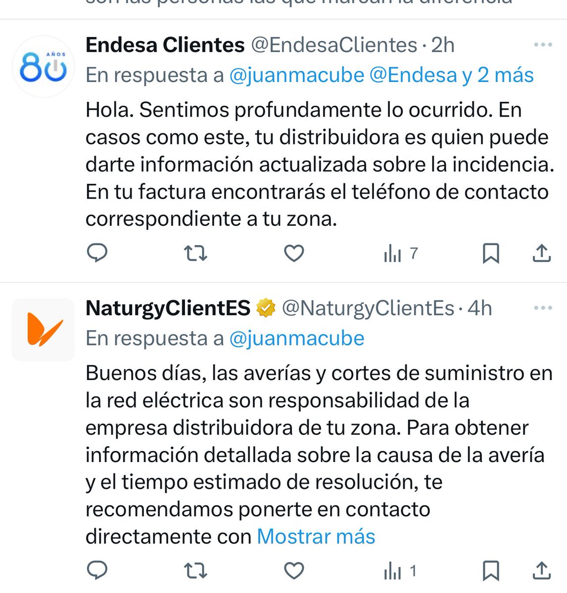 No sé qué pensar… ⁦<a href="/Endesa/">endesa</a>⁩ y ⁦<a href="/Naturgy/">Naturgy</a>⁩ Casi dos días sin electricidad en Sevilla, en la peor ola de calor. Dos ancianos enfermos. Pedir una reclamación será un infierno también. 
⁦<a href="/EndesaClientes/">Endesa Clientes</a>⁩ ⁦<a href="/NaturgyClientEs/">NaturgyClientES</a>⁩ ¿qué hacemos?