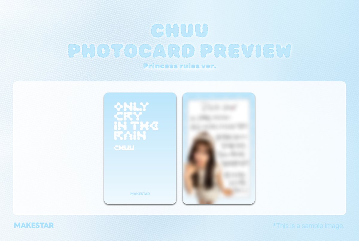 츄(CHUU) 3RD MINI ALBUM [Only cry in the rain] ENCORE MEET&amp;CALL EVENT

⏰마감 D-DAY⏰

🐯대면 미공개 셀카 포토카드 *사파리 ver.
🐶영통 미공개 셀카 포토카드 *펫캠 ver.

🎁한 주문 건에서 앨범 3매 구매 시 공주의 규칙 ver. 미공개 포토카드 1매 추가 증정

📅 ~ 07.02 23:59 (KST)