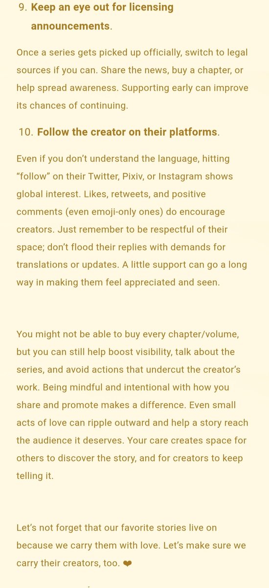 You love a lot of manga/manhwa/manga etc but don’t always have the means to buy every single volume or chapter that comes out? Here are a few ways you can still support both the stories you love and the creators behind them 👇🏻🤍