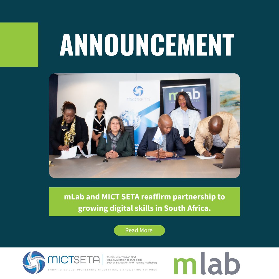 mLab (@mlabsa) on Twitter photo We're delighted to announce that we are working with <a href="/MictSeta/">MICT SETA</a> again to grow digital skills amongst youth in South Africa.
Read the full statement here: bit.ly/mLabMICTSETA
For enquiries: press@mlab.co.za or zukanye@mlab.co.za We're delighted to announce that we are working with <a href="/MictSeta/">MICT SETA</a> again to grow digital skills amongst youth in South Africa.
Read the full statement here: bit.ly/mLabMICTSETA
For enquiries: press@mlab.co.za or zukanye@mlab.co.za