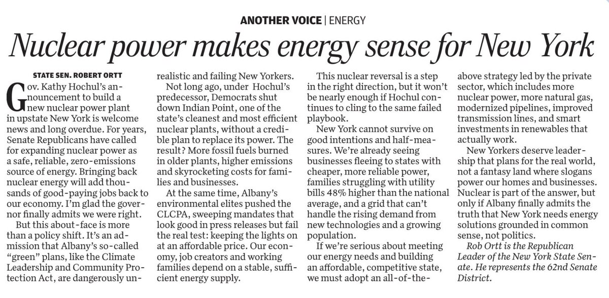 Kathy Hochul’s nuclear about-face is proof Albany’s green agenda is failing.

<a href="/SenatorOrtt/">Rob Ortt</a> lays it out in today’s <a href="/TheBuffaloNews/">The Buffalo News</a>: New York needs an all-of-the-above energy policy, including nuclear and natural gas, to keep the lights on and bills down.
buffalonews.com/opinion/articl…