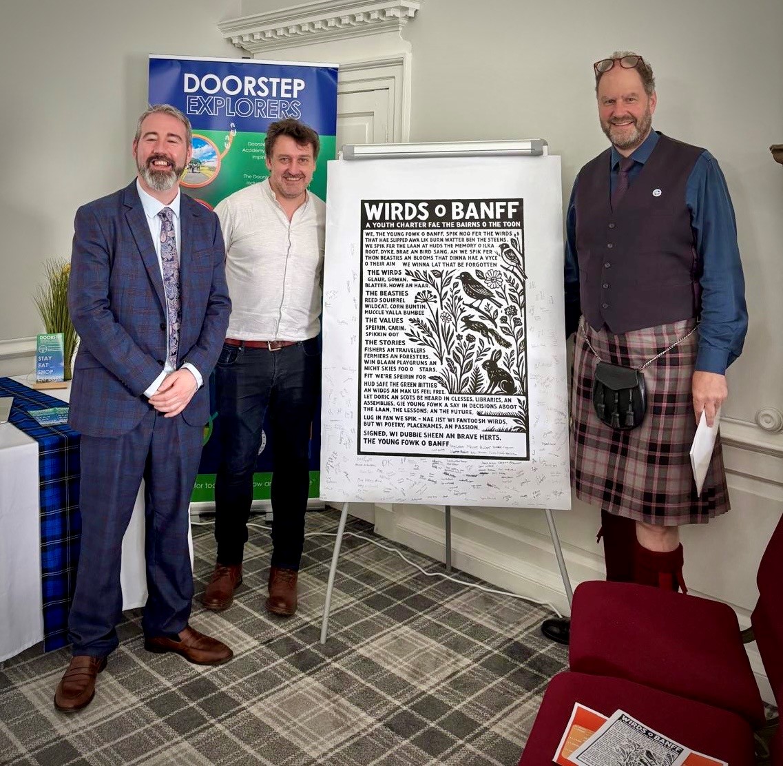 BanffAcademyBXA's tweet image. Yesterday we were joined at Banff Castle with Scotland’s Makar, Dr Pàdraig MacAoidh, & Dr Fairbairn to celebrate the culmination of our Expeditions project on Language, Land, & Legacy.
Pupils showcased products that explored Doric, local biodiversity, & sustainability🌱📖