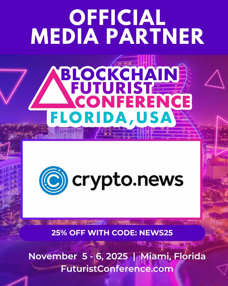 crypto.news (@cryptodotnews) on Twitter photo We're excited to partner with <a href="/Futurist_conf/">Blockchain Futurist Conference</a>, <a href="/ETH_Toronto/">ETHToronto</a> and <a href="/Ethereum_Women/">ETHWomen</a> for the Blockchain Futurist Conference in Florida, USA.
๐๏ธ 5th and 6th November 2025
๐ DAER & Hard Rock Guitar Hotel + Casino
Use our discount code for 25% off tickets: NEWS25
To buy your tickets: We're excited to partner with <a href="/Futurist_conf/">Blockchain Futurist Conference</a>, <a href="/ETH_Toronto/">ETHToronto</a> and <a href="/Ethereum_Women/">ETHWomen</a> for the Blockchain Futurist Conference in Florida, USA.
๐๏ธ 5th and 6th November 2025
๐ DAER & Hard Rock Guitar Hotel + Casino
Use our discount code for 25% off tickets: NEWS25
To buy your tickets: