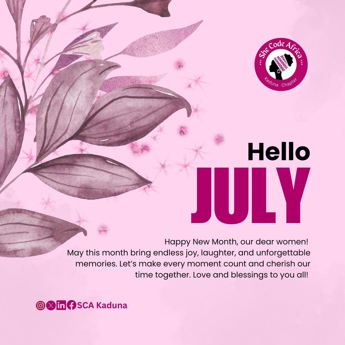 SCA_Kaduna's tweet photo. The 7th month is hereโdivine, destined, and full of new beginnings. Seven speaks of completion, of wholeness, of grace.
A month to rise, reset, and reimagine whatโs possible.
#HappyNewMonth
#JulyVibes
#SheCodeAfrica
#TechQueens
#7thMonthMagic
#NewMonthNewEnergy https://t.co/SGVq8vlGWu