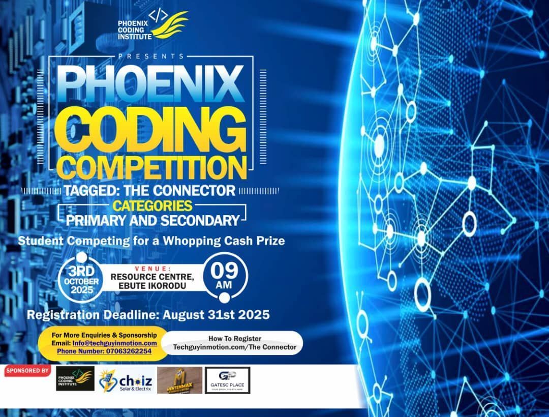 PhoenixCodingIn's tweet image. We’re passionate about coding and community! @iTechNG_, your tech expertise could help our competition shine. Interested in sponsoring? 🙏 #CodeTheFuture #coding #phoenixcodingcompetition #itechng