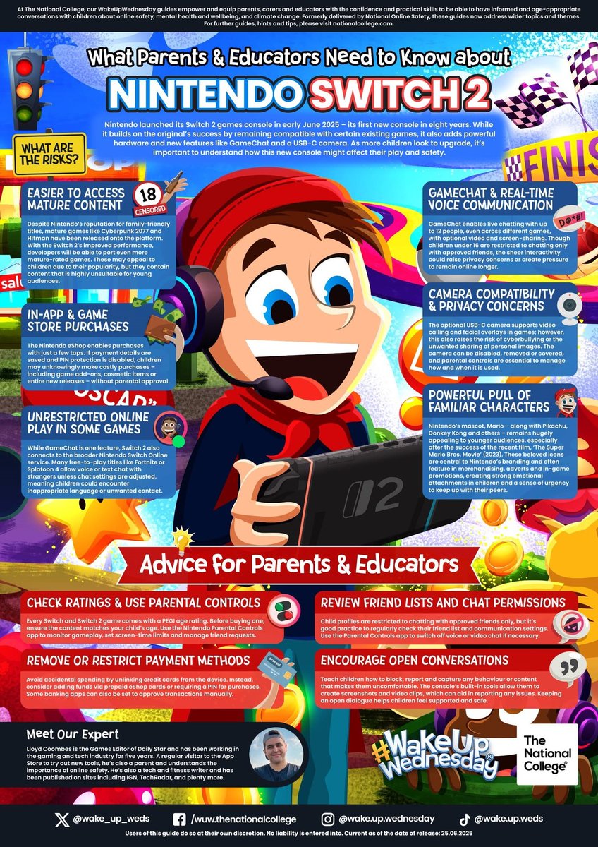 Switching things up 📷📷 The Nintendo Switch 2 adds new features like voice chat and a plug-in camera – but also new #OnlineSafety concerns. Our #WakeUpWednesday guide has the full overview for parents and educators 📷Download your FREE copy here &gt;&gt; ow.ly/beVv50WfwKT