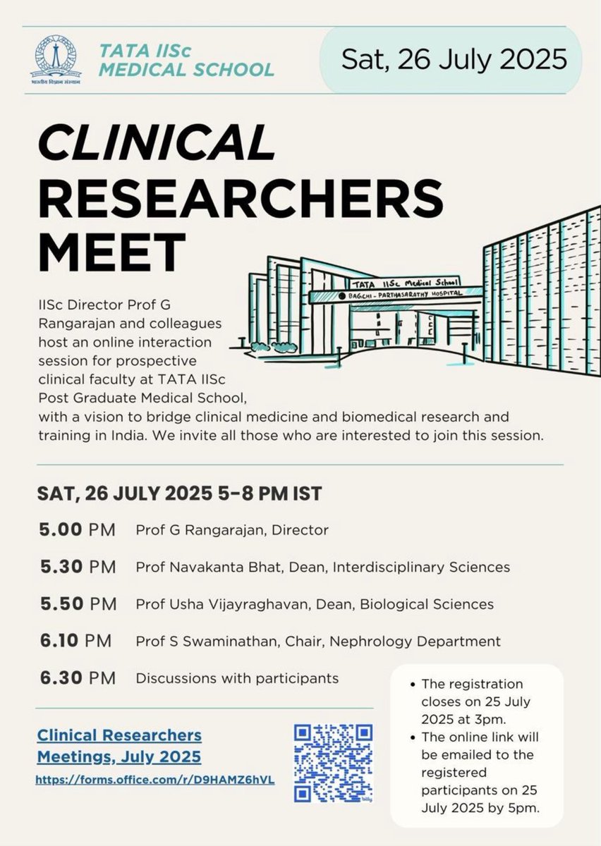 swaminathaniisc's tweet image. Please share with your friends and colleagues so any many junior and senior faculty and students and trainees from around India can attend and learn about the Tata-IISc Medical School, its exciting research and mission, and the opportunities. I request you to mark your calendars!
