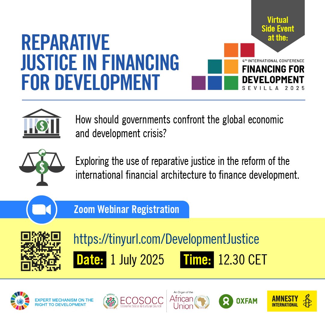 Deprose Muchena (@deprosem) on Twitter photo 📢Happening today! 👇
Join <a href="/DeproseM/">Deprose Muchena</a> and Riva Jalipa <a href="/amnesty/">Amnesty International</a>
<a href="/anjela_taneja/">Anjela Taneja</a> <a href="/Oxfam/">Oxfam International</a>
Mr Osei Kyeretwie @AfricaUnionECOSOCC
<a href="/mihirkanade/">Mihir Kanade</a> @ AP Expert Mechanism on the Right to Development
for a discussion on #ReparativeJustice at #FFD4Sevilla 📢Happening today! 👇
Join <a href="/DeproseM/">Deprose Muchena</a> and Riva Jalipa <a href="/amnesty/">Amnesty International</a>
<a href="/anjela_taneja/">Anjela Taneja</a> <a href="/Oxfam/">Oxfam International</a>
Mr Osei Kyeretwie @AfricaUnionECOSOCC
<a href="/mihirkanade/">Mihir Kanade</a> @ AP Expert Mechanism on the Right to Development
for a discussion on #ReparativeJustice at #FFD4Sevilla