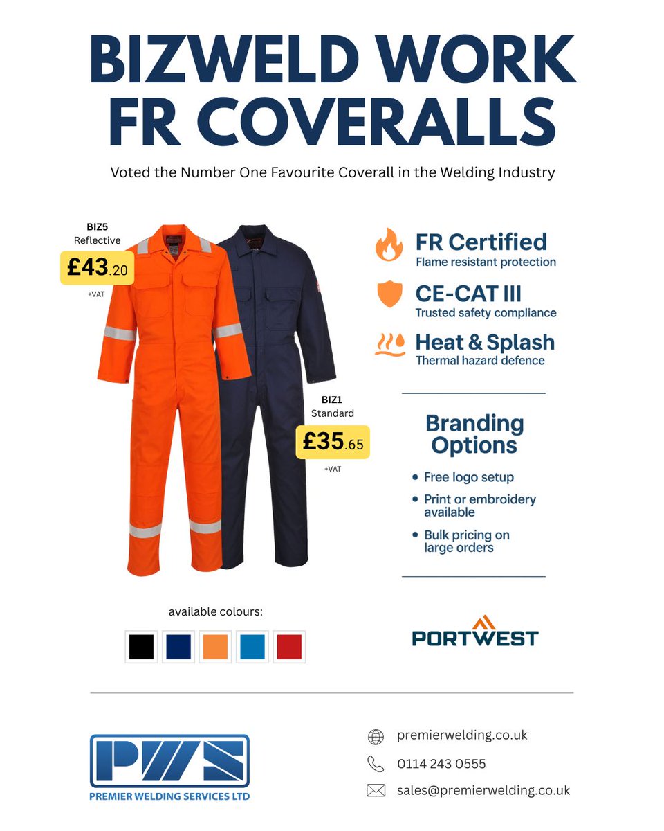 🔥 Protect your team with <a href="/Portwest/">Portwest</a> Bizweld FR Coveralls

✔️ Flame resistant
✔️ Heat &amp; splash defence
✔️ Reflective &amp; standard options

🟧 Reflective: from £43.20 + VAT 👉 shorturl.at/l24Su
🔵 Standard: from £35.65 + VAT 👉 shorturl.at/N4fkp

#WeldingPPE #FRCoveralls