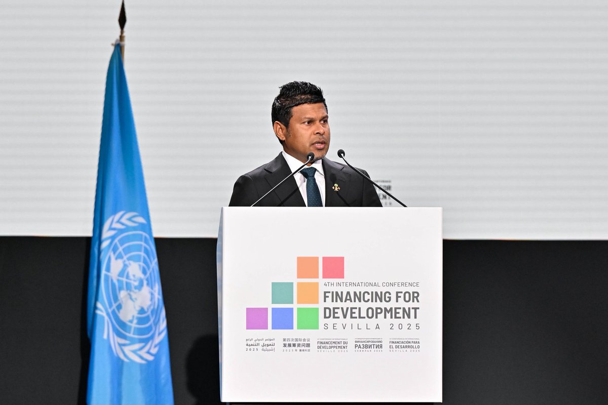 His Excellency Vice President Uz <a href="/HucenSembe/">Hussain Mohamed Latheef</a> delivers his plenary statement at the Fourth International Conference on Financing for Development (FfD4). In his statement, the Vice President underscored the need for strategic planning, sustained investment, and financial reform to