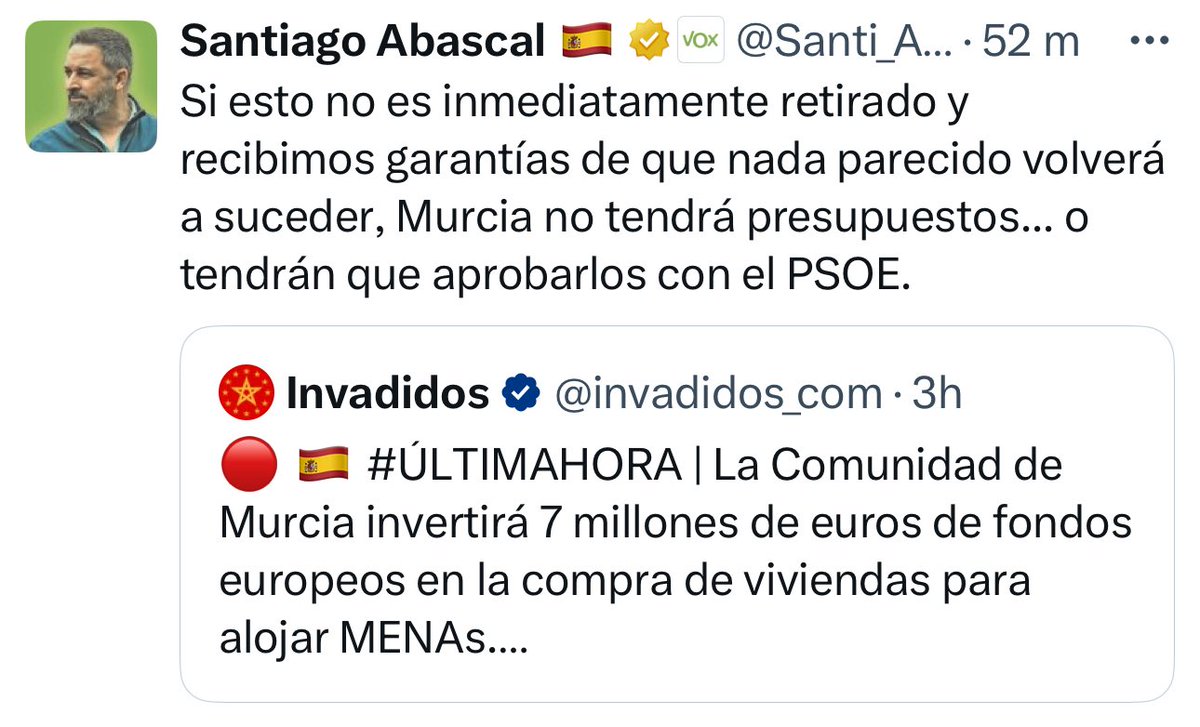 davidsantosvlog's tweet photo. Santiago Abascal obliga al Gobierno de Murcia a retirar una partida presupuestaria de 7 millones de euros para alojar a MENAs. https://t.co/Prhs2UbdTc