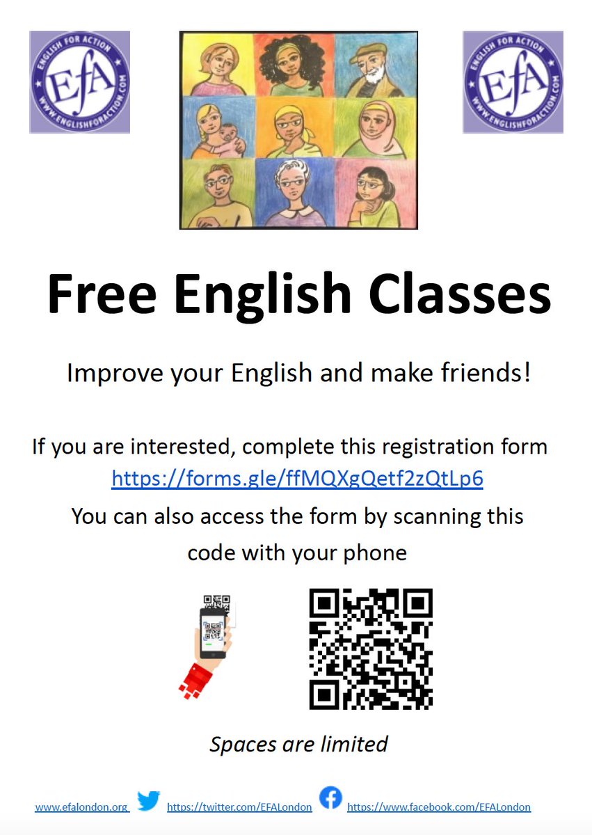 Are you looking for #FREE English classes in London? We're here to help! 

English for Action is open for registration for English courses across London (Greenwich, Hackney, Lambeth, Southwark, Tower Hamlets and Wandsworth). All welcome!

REGISTER: forms.gle/xkcgAt3gQbnLxF…