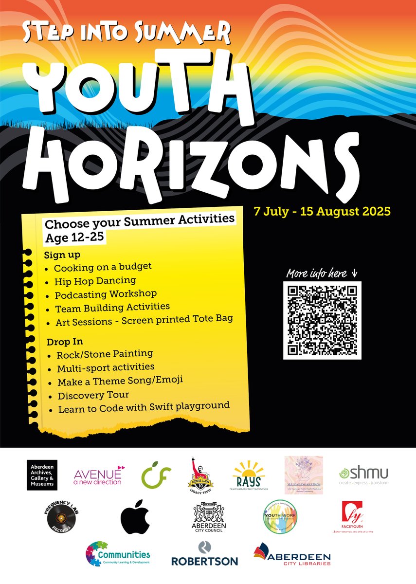 CPAberdeen's tweet image. 🌟 Youth Horizons 2025 🌟
🗓️ 7 July–15 Aug | 🎯 Ages 12–25
Looking for FREE fun this summer? Join youth-led activities with sports, arts, coding, dance & more!
@Aberdeen_ACVO @AberdeenCC @NHSGrampian @HSCAberdeen @NESCollege @RobertGordonUni @aberdeenuni @Nestrans @PSOSNorthEast