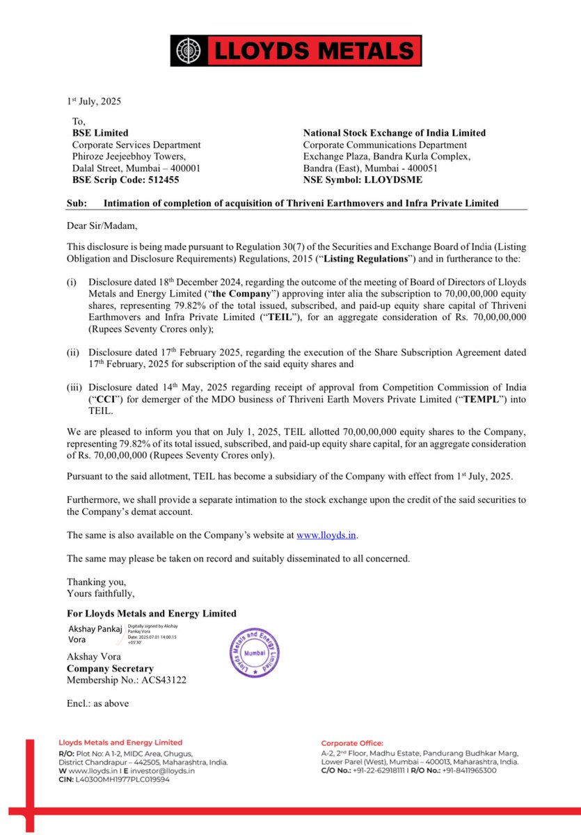 Anvith_'s tweet photo. 🏭 Lloyds Metals & Energy Ltd completes ₹70 Cr acquisition of Thriveni Earthmovers & Infra Pvt Ltd
🔹Acquired 79.82% stake in TEIL
🔹TEIL now a subsidiary of Lloyds Metals
🔹TEIL: Leading MDO player with 71 Mn T contracts, scalable to 123.9 Mn T
#LMEL #TEIL #LLOYDSME #Lloyds #LloydsMetals #StocksInFocus #Nifty