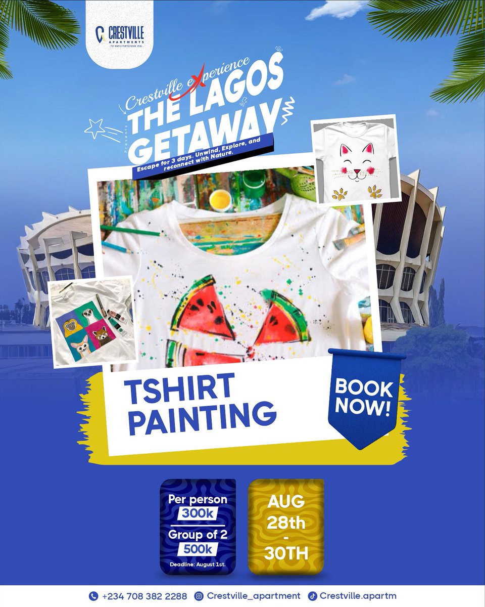 Guys, <a href="/Crestville_/">Crestville Apartments</a> is organising a getaway with sightseeing in Lagos and perks. Going to be fun!🥰🎉🎊

You get a complementary 3-night stay at our upscale apartments plus exciting experiences and souvenirs. Dm the folks at <a href="/Crestville_/">Crestville Apartments</a> to book your spot!🎊