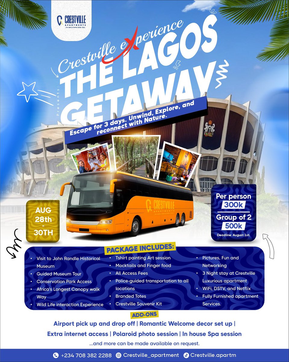 blackjpmorgan's tweet photo. Guys, @Crestville_ is organising a getaway with sightseeing in Lagos and perks. Going to be fun!🥰🎉🎊

You get a complementary 3-night stay at our upscale apartments plus exciting experiences and souvenirs. Dm the folks at @Crestville_ to book your spot!🎊 https://t.co/pLojZcQaKt