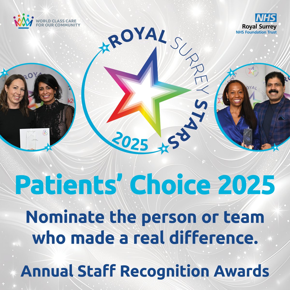 One week left to nominate your Royal Surrey star! ⭐

Nominations for our #PatientsChoice Awards 2025 close Tuesday 8 July at 11:59pm.

Say thank you to a staff member or team who made a difference 💙

Nominate now: surveymonkey.com/r/PatientsChoi…