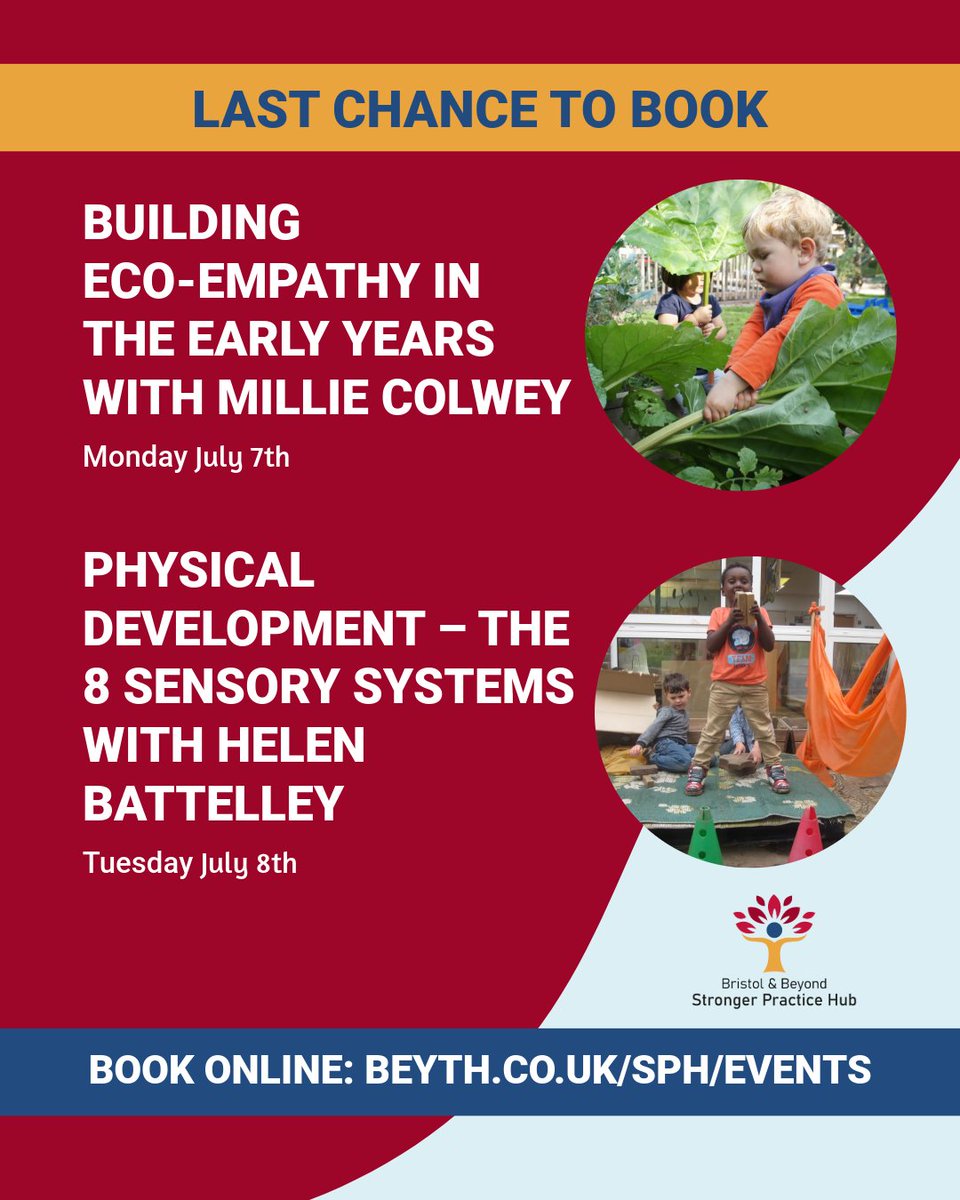 Bristol and Beyond Stronger Practice Hub (@bristol_ey_sph) on Twitter photo Don't miss...
🌱 July 7: Building Eco-Empathy in #EarlyYears with Millie Colwey - Turn sustainability strategy into age-appropriate practice!
🧠 July 8: The 8 Sensory Systems with Helen Battelley - Practical strategies for physical development!
eu1.hubs.ly/H0lqnkK0 Don't miss...
🌱 July 7: Building Eco-Empathy in #EarlyYears with Millie Colwey - Turn sustainability strategy into age-appropriate practice!
🧠 July 8: The 8 Sensory Systems with Helen Battelley - Practical strategies for physical development!
eu1.hubs.ly/H0lqnkK0