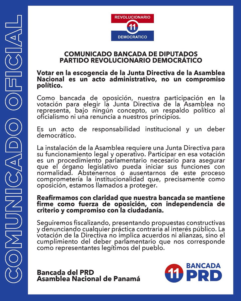 🚨COMUNICADO DE LA BANCADA DE DIPUTADOS🚨

Reafirmamos con claridad que nuestra bancada se mantiene firme como fuerza de OPOSICIÓN , con independencia de criterio y compromiso con la ciudadanía.

#PRD