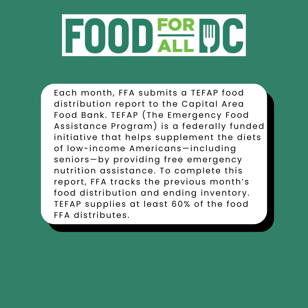 TEFAP supplies over 60% of the food FFA distributes each month.

We track every can and pound, reporting monthly to the @capitalareafoodbank to ensure transparency and continued access to this vital support.

#TEFAP #FoodForAllDC #EndHunger #EmergencyFood