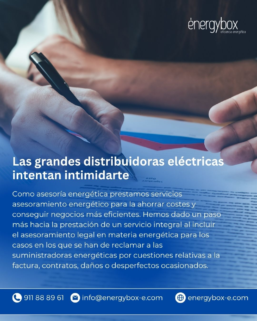 Energybox (@eeenergybox) on Twitter photo Las grandes eléctricas a veces cometen abusos. En Energybox te asesoramos para reclamar errores en tu factura, contratos o daños provocados por distribuidoras.
🔒 Defensa legal incluida en nuestros servicios.
📞 911 88 89 61
📩 info@energybox-e.com
🌐 energybox-e.com Las grandes eléctricas a veces cometen abusos. En Energybox te asesoramos para reclamar errores en tu factura, contratos o daños provocados por distribuidoras.
🔒 Defensa legal incluida en nuestros servicios.
📞 911 88 89 61
📩 info@energybox-e.com
🌐 energybox-e.com