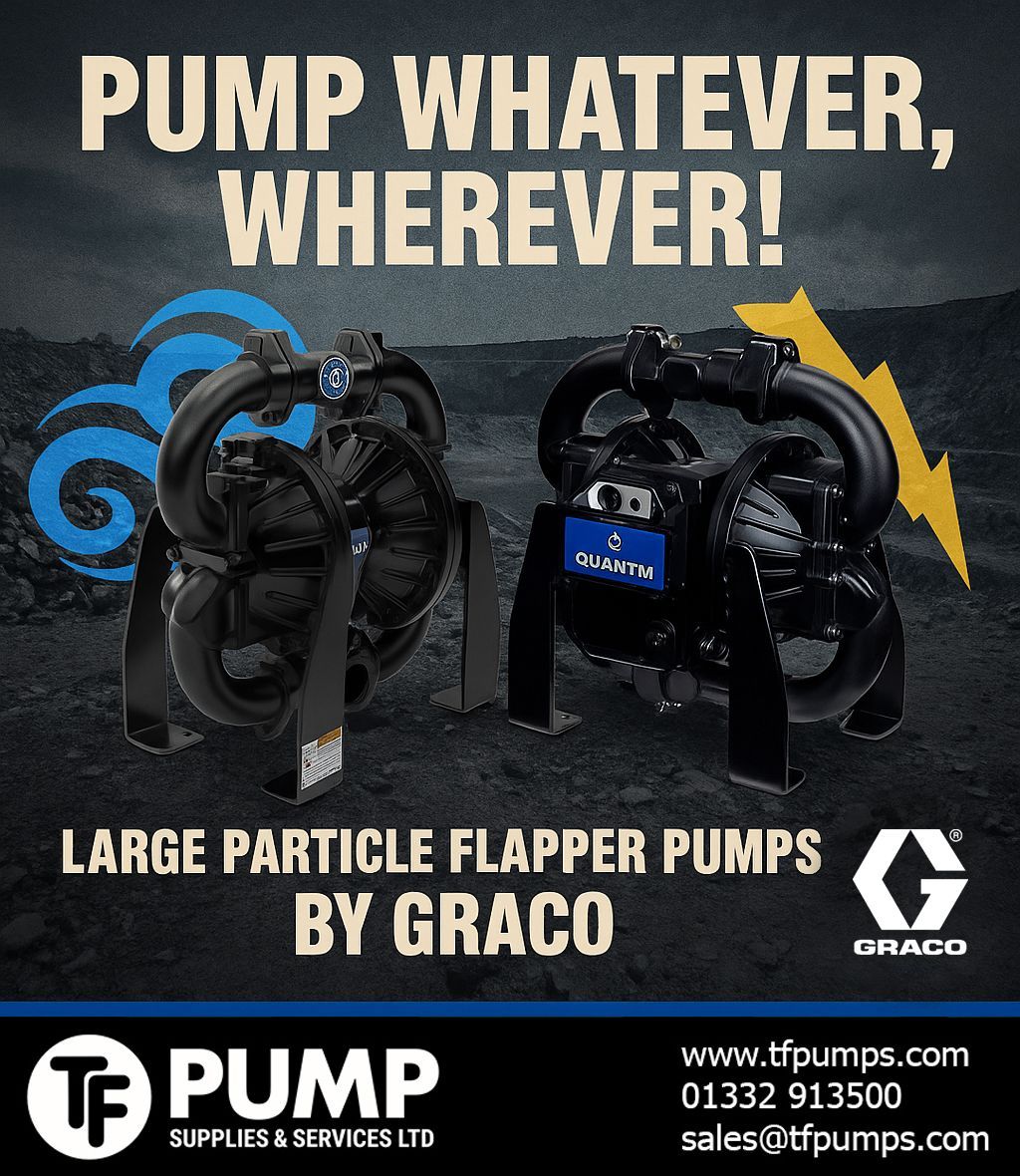 TFPumps's tweet image. Now available: Graco flapper pumps
Engineered for solids handling in mining, sump &amp;amp; plant ops.
🔧 Passes solids up to 2"
💧 568 L/min @ 8.3 bar
🌬️ Husky 2150LP: air-driven, external replaceable valves
⚡ Quantm i120LP: high-torque, 80% more efficient
🔗 buff.ly/pcuSSVV