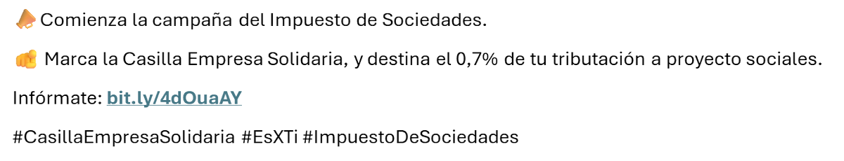 📣Comienza la campaña del Impuesto de Sociedades.
🫵 Marca la Casilla Empresa Solidaria, y destina el 0,7% de tu tributación a proyecto sociales. ​
Infórmate: bit.ly/4dOuaAY
#CasillaEmpresaSolidaria #EsXTi #ImpuestoDeSociedades
f.mtr.cool/dmowemvmns