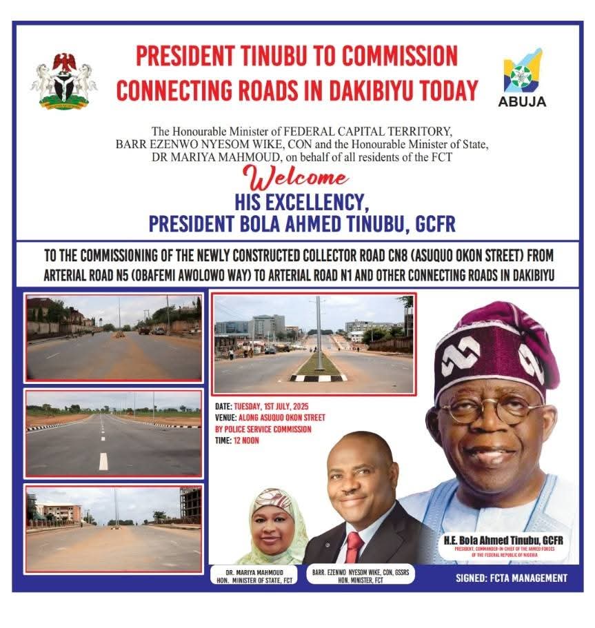 GovWike's tweet image. Yesterday, we inaugurated the newly-constructed access roads in Giri district of the FCT. The road was constructed withing five months.

Today, we will be commissioning the newly constructed Collector Road CN8 (Asuquo Okon Street) from Arterial Road N5 (Obafemi Awolowo Way) to…