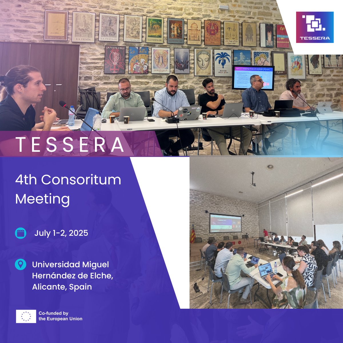 TesseraEU's tweet photo. 🧑‍💻The 4th TESSERA Consortium Meeting kicked off today in the beautiful city of Elche, Spain.
Over the next 2 days, our consortium partners will gather at the @UniversidadMH to review the project's progress, share initial results, and plan upcoming activities.
Stay tuned for more! https://t.co/9HIZcpyUON