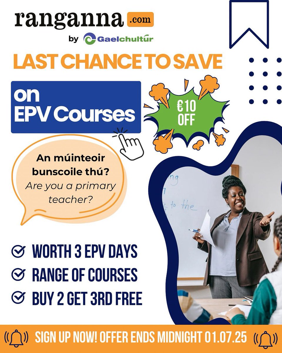 Gaelchultúr (@gaelchultur) on Twitter photo EPV Course Discount Ends Tonight! ⌛️
Téigh anois go ranganna.com, áit a mbeidh lascaine €10 fós ar fáil ar ár gcúrsaí EPV go dtí meán oíche anocht. 💸
#gaeilge #epv #epvcourse #epvcourses2025 <a href="/INTOnews/">INTO (Irish National Teachers' Organisation)</a> <a href="/TeachingCouncil/">Teaching Council</a> EPV Course Discount Ends Tonight! ⌛️
Téigh anois go ranganna.com, áit a mbeidh lascaine €10 fós ar fáil ar ár gcúrsaí EPV go dtí meán oíche anocht. 💸
#gaeilge #epv #epvcourse #epvcourses2025 <a href="/INTOnews/">INTO (Irish National Teachers' Organisation)</a> <a href="/TeachingCouncil/">Teaching Council</a>