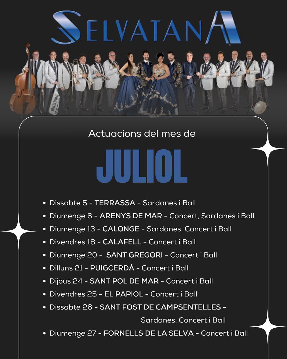 🎶 Ja tenim a punt el calendari d’actuacions de juliol!
Gràcies als ajuntaments i comissions per la confiança 💙

Consulta les dates i vine a gaudir de la música en directe amb nosaltres!
#Selvatana #EstiuAmbRitme #ConcertIBall #FestaPopular #CulturaViva