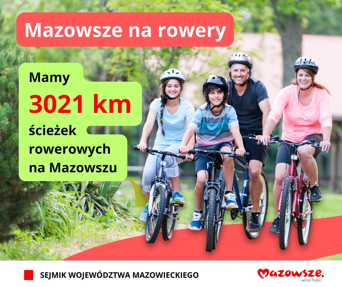 Pogoda dopisuje, sezon wakacyjny rozpoczęty… 
Czas wsiąść na rower. 🚴‍♀️🚵‍♀️🚴‍♂️🚵‍♂️🚴🚵MAZOWSZE temu sprzyja, bo mamy NAJwięcej kilometrów dróg rowerowych w Polsce ❗️
#Mazowsze jest liderem: wg danych <a href="/GUS_STAT/">GUS</a>  3⃣0⃣2⃣1⃣ km tras rowerowych w 2023.
➡️Więcej info: facebook.com/sejmikmazowiec…