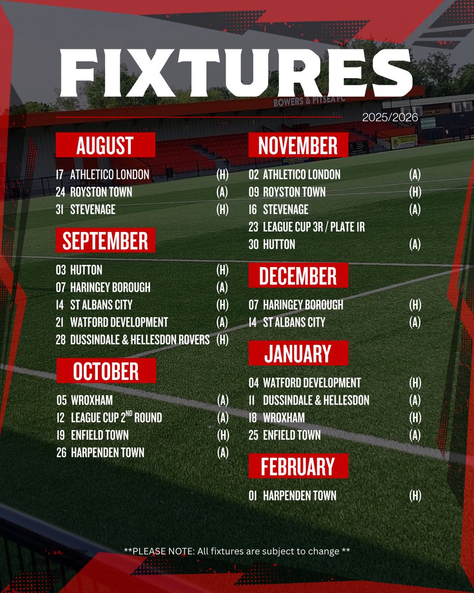 😍 𝟰𝟳 𝗗𝗮𝘆𝘀 𝗧𝗼 𝗚𝗼…

Our fixtures have been released and we can’t wait to see you all in 47 Days Time!

We begin our campaign with a home fixture against <a href="/atleticolondon_/">Atlético London</a> 

#UpTheBowers